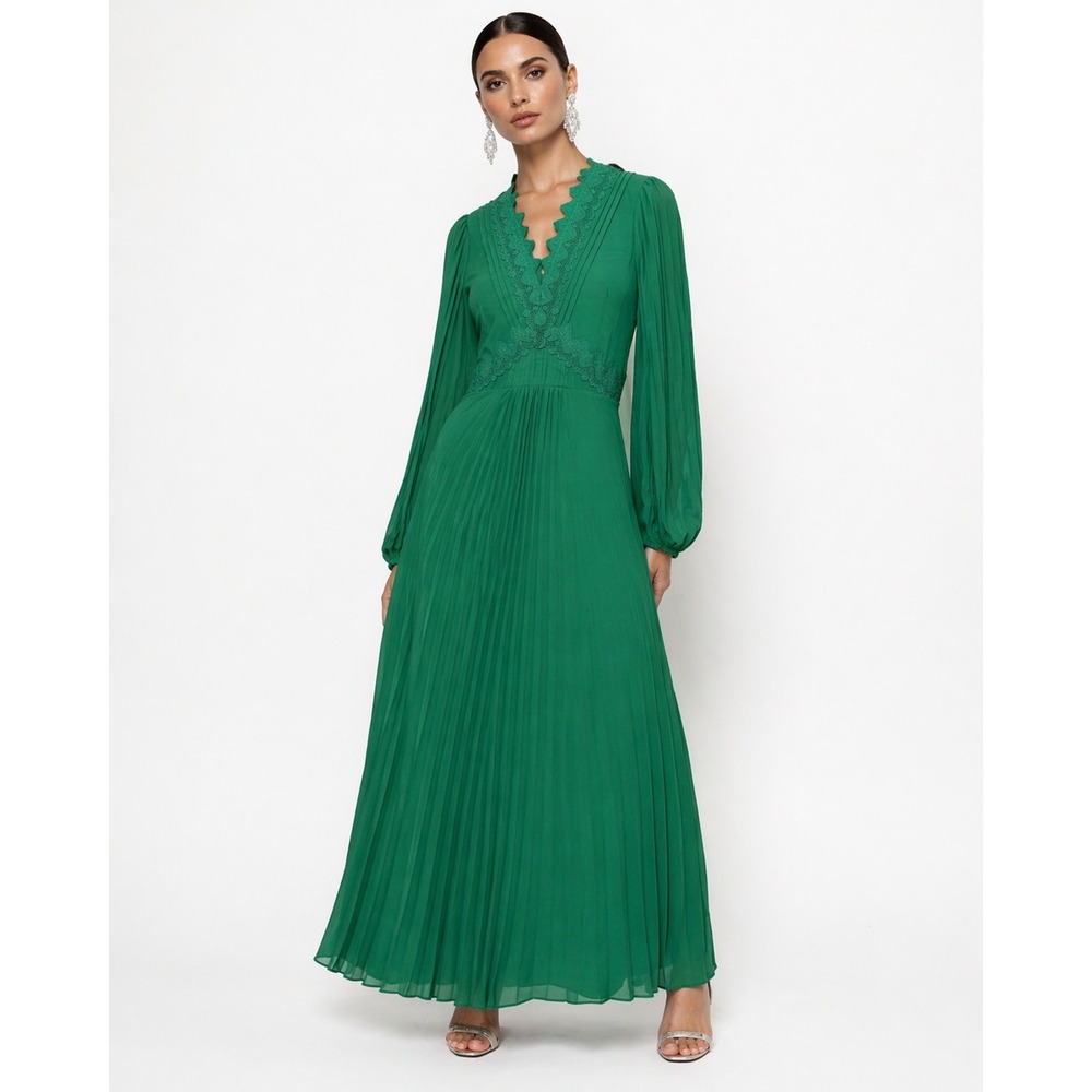 Coast Green Pleated Lace Trim Maxi Dress Long Sleeve V-Neck Emerald US 8 NEW